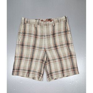Tommy Bahama Mens Shorts 33'. Plaid Ripstop Brown Orange Casual Linen‎ Silk.